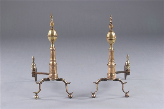 Appraisal: PAIR BRASS URN-TOP ANDIRONS early th century Finial topped egg-form