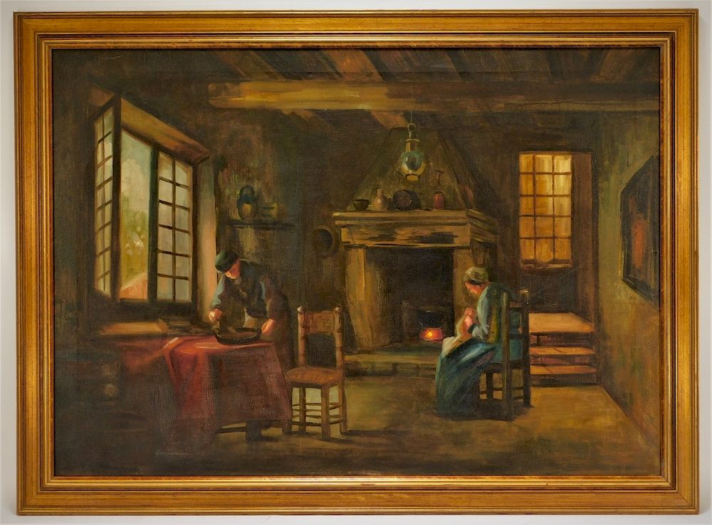 Appraisal: C Continental Interior Hearth Genre Painting Europe th Century Illuminated