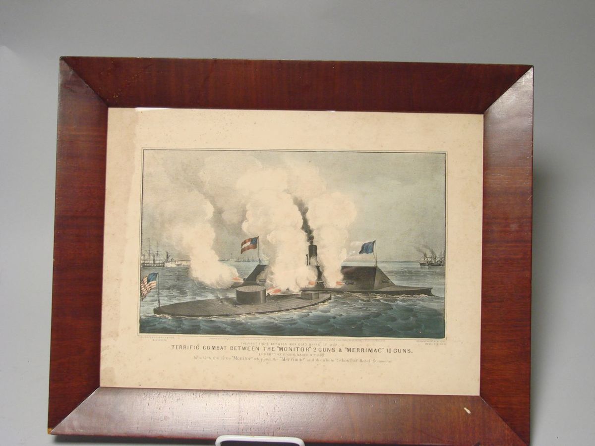 Appraisal: FRAMED CURRIER IVES COLORED LITHOGRAPH Terrific Combat Between the Monitor