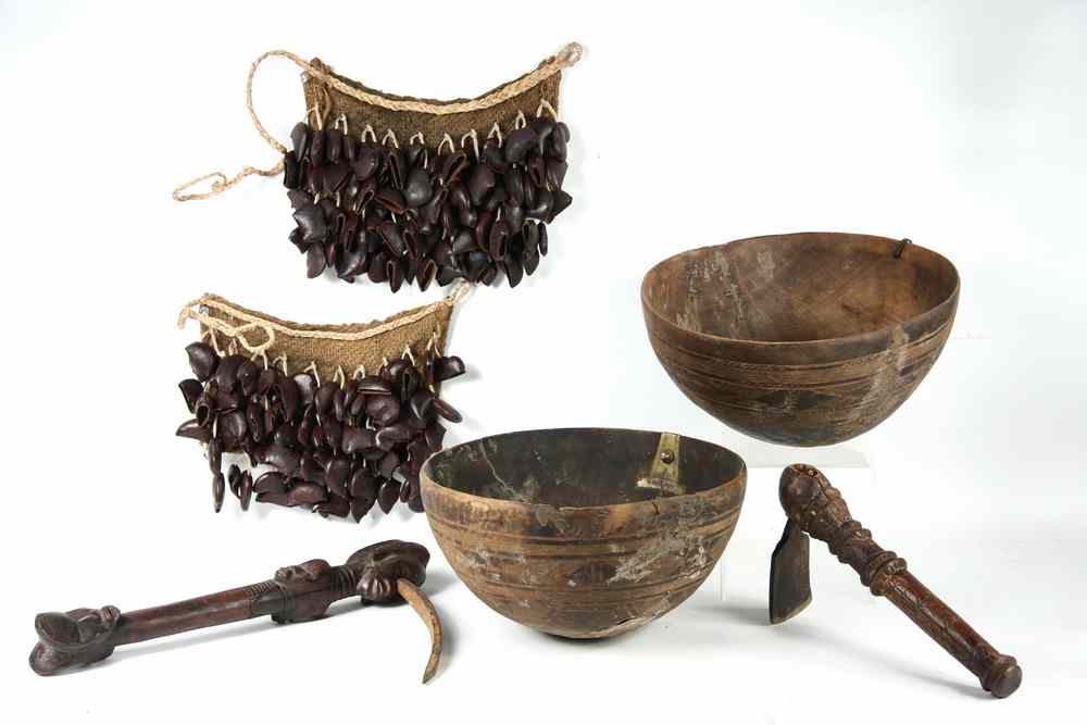 Appraisal: AFRICAN BOWLS TOOLS RATTLES - Dan Peoples including finely carved