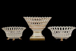 Appraisal: Gilt Rimmed White Porcelain Reticulated Baskets Continental th century A