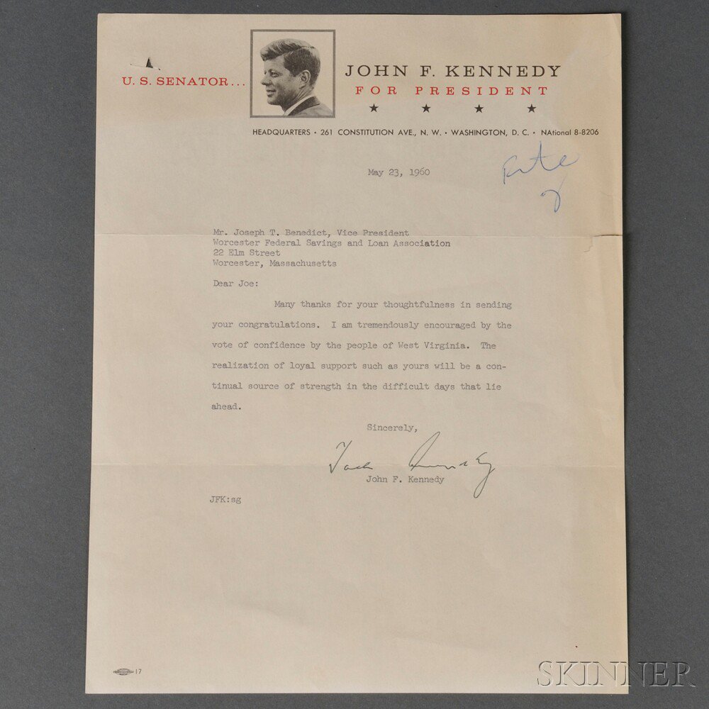 Appraisal: Kennedy John Fitzgerald - Typed Letter Secretarial Signature May Single