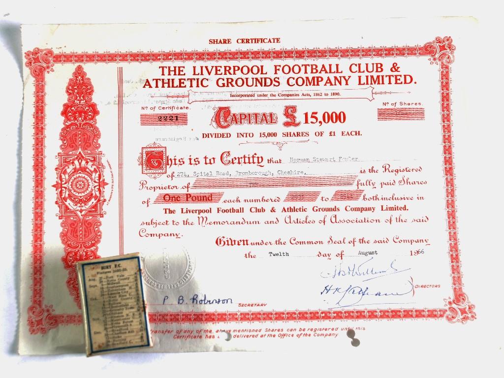 Appraisal: LIVERPOOL FOOTBALL CLUB SHARE CERTIFICATE TEN SHARES and a METAL