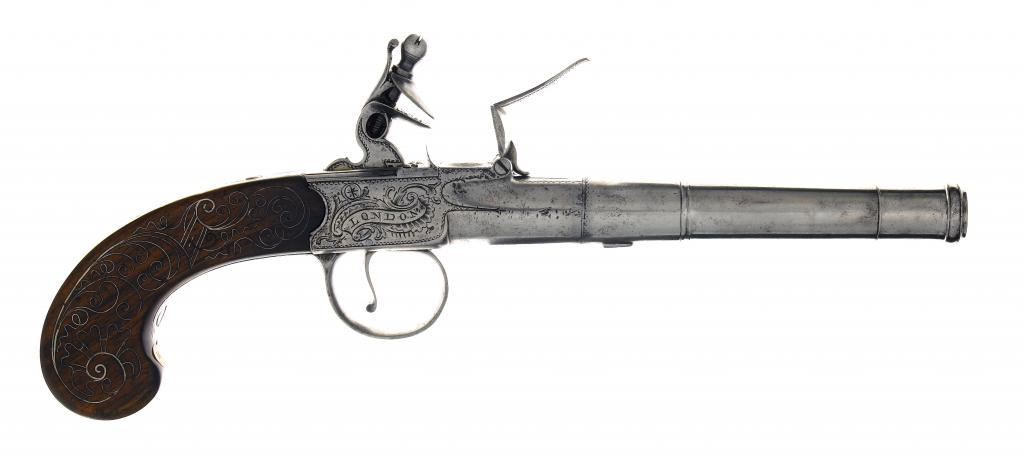 Appraisal: A FLINTLOCK PISTOL with cm turn-off cannon barrel box-lock action