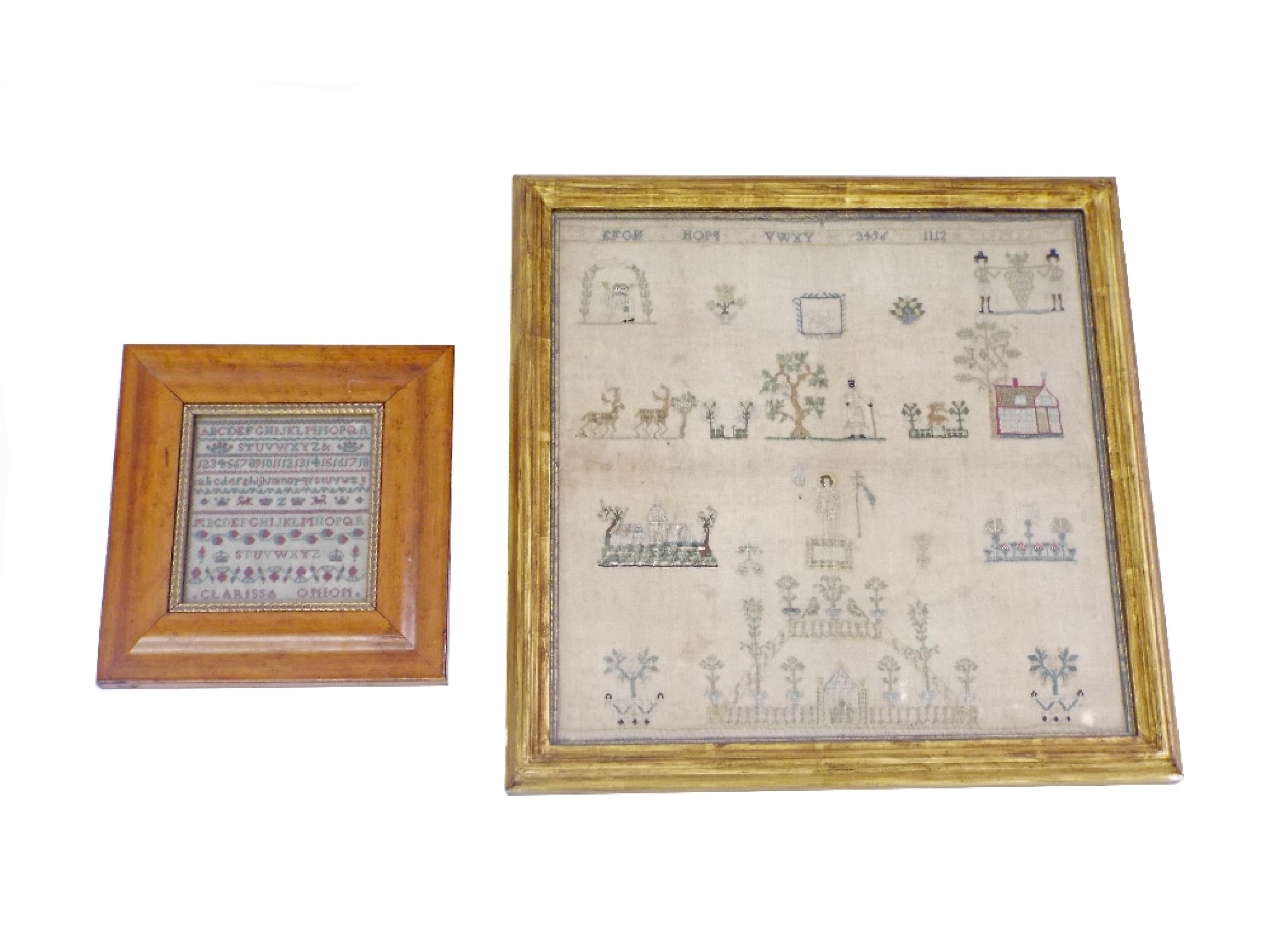 Appraisal: Interesting antique sampler comprising various figures and animals beneath text