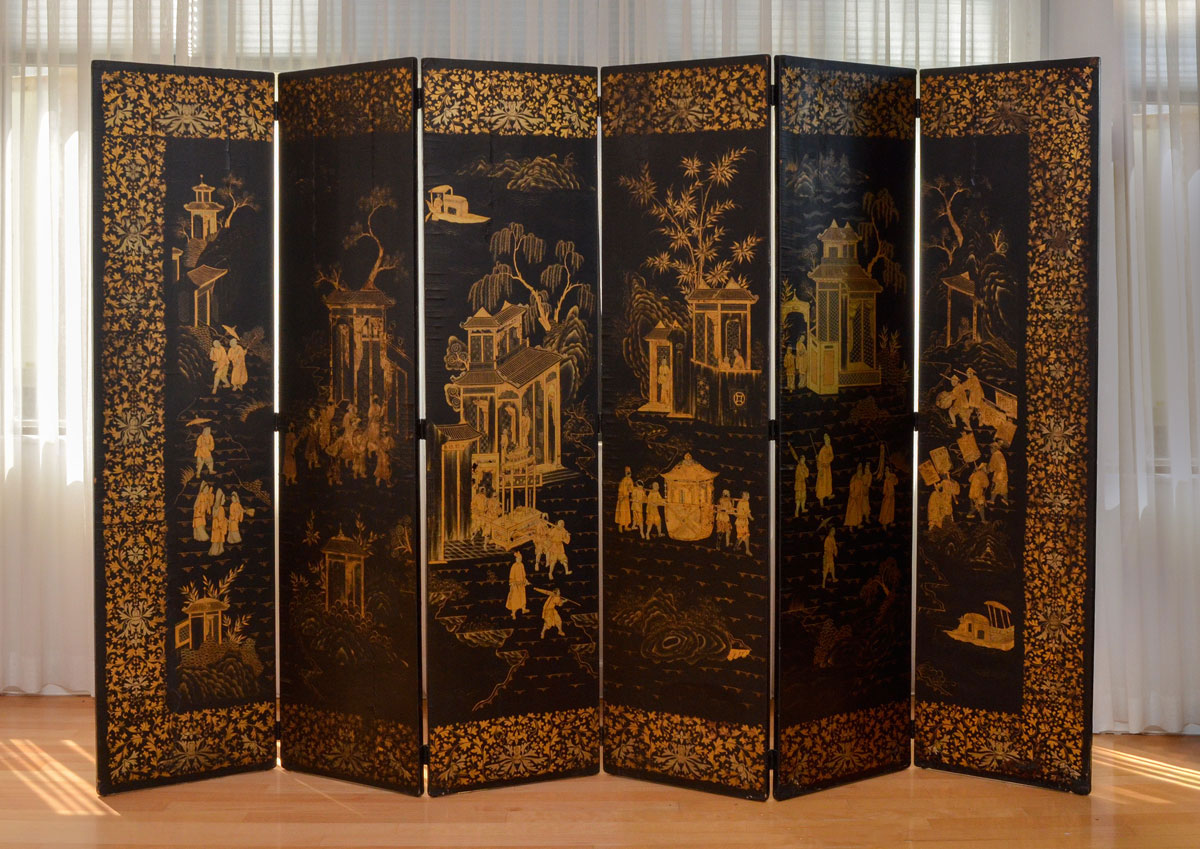 Appraisal: CHINESE BLACK LACQUER GILT COROMANDEL SCREEN panel floor screen black