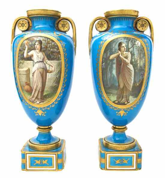 Appraisal: A Pair of Sevres Style Porcelain Urns each of handled