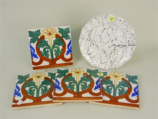 Appraisal: FOUR SPANISH ART NOVEAU TILES and a DAVENPORT MARBELIZED PLATE