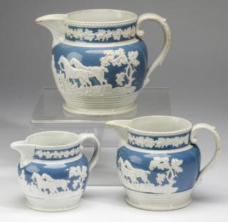 Appraisal: English pearlware jugs w sprigging c Group of three English