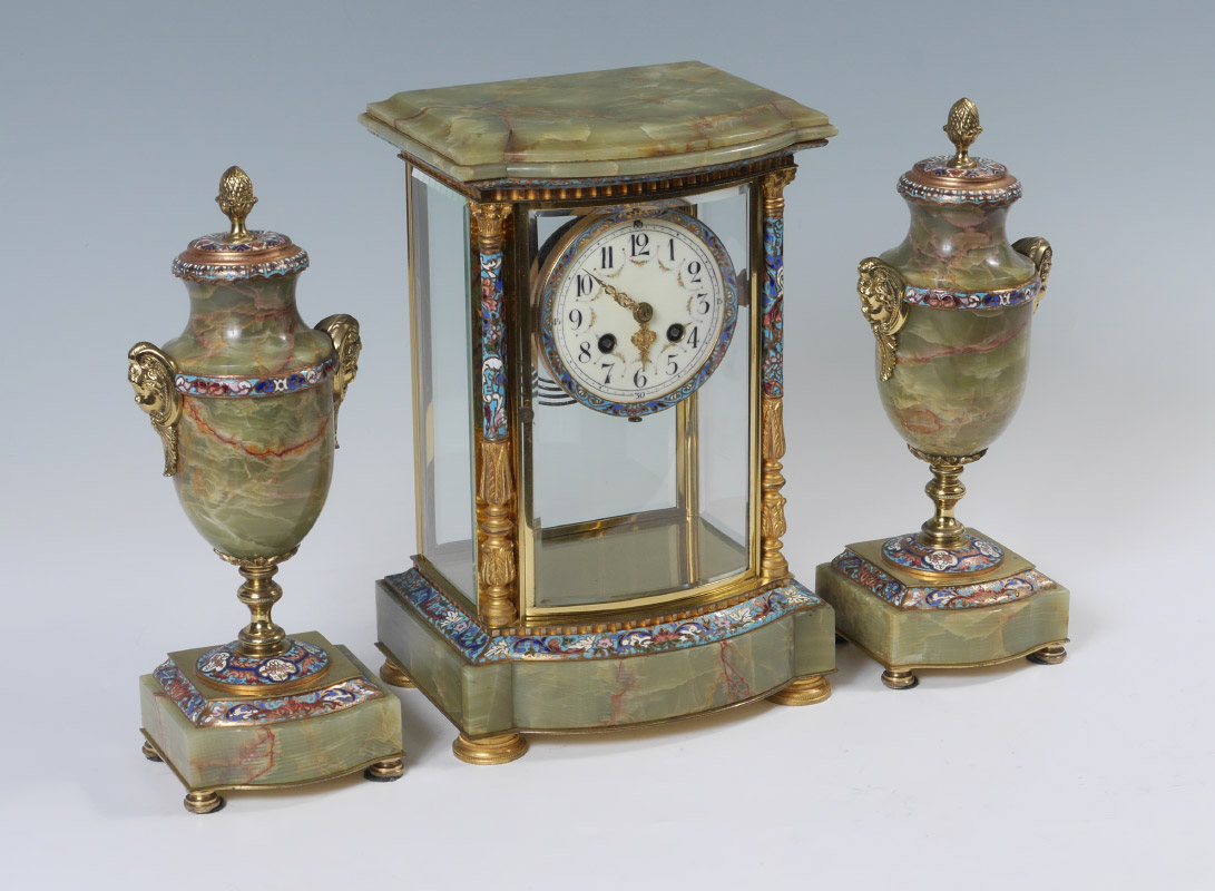 Appraisal: FRENCH ONYX CHAMPLEVE CRYSTAL REGULATOR CLOCK GARNITURE SET piece clock