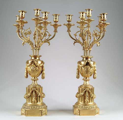 Appraisal: FINE PAIR OF GILT BRONZE CANDELABRA French Empire style with