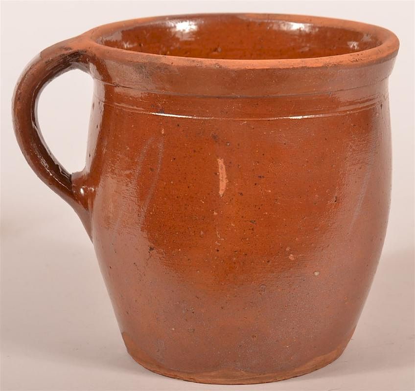 Appraisal: th C PA Redware Glazed Pottery Handled Crock th C