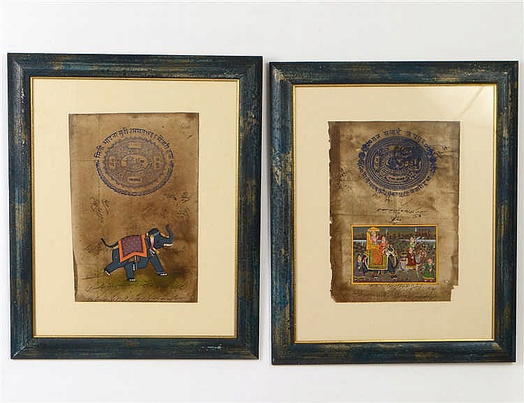 Appraisal: TWO ANTIQUE INDIAN LAND GRANTS WITH ILLUMINATED PAINTINGSEach with printed