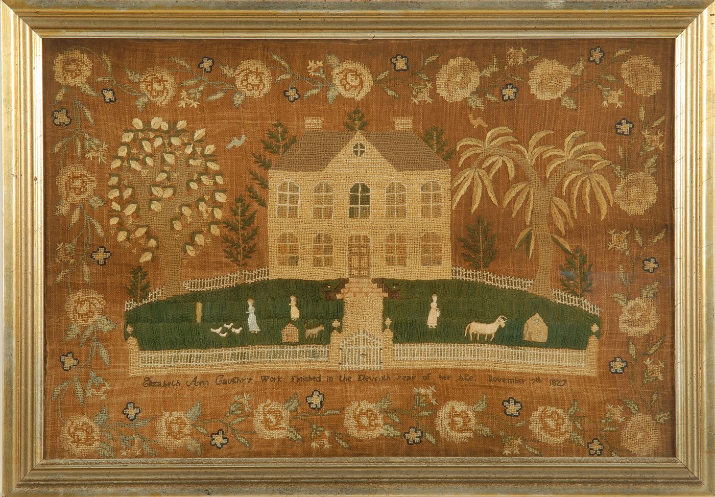 Appraisal: IMPORTANT FRAMED AMERICAN NEEDLEWORK th CenturyProbably Pennsylvania Elizabeth Ann Caughy's