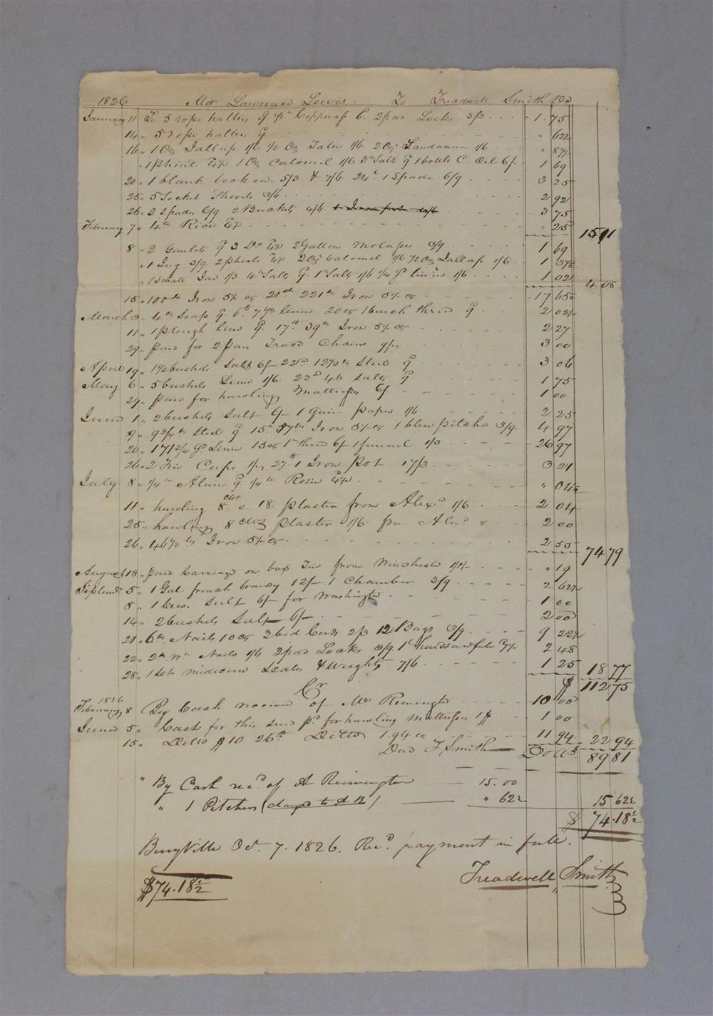 Appraisal: MANUSCRIPT ACCOUNT OF GOODS SOLD TO LAWRENCE LEWIS OF WOODLAWN