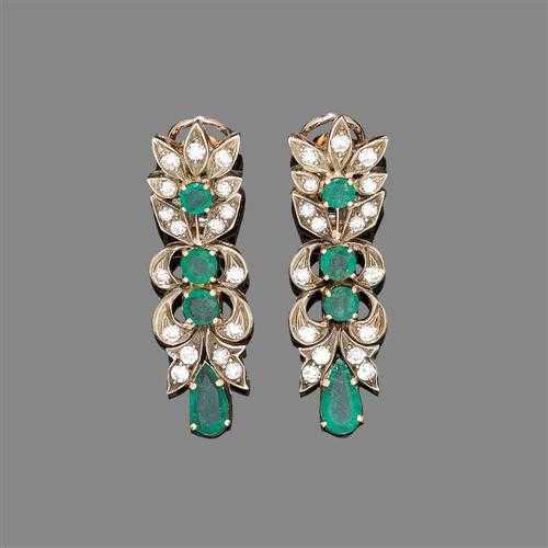 Appraisal: EMERALD AND DIAMOND PENDANT EARRINGS ca Silver over pink gold