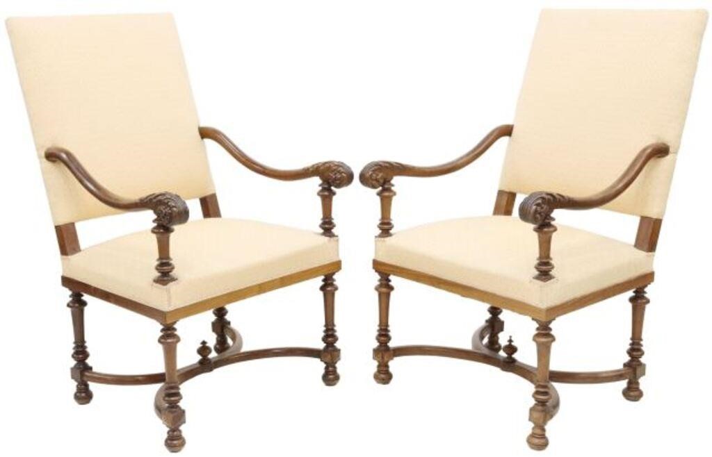 Appraisal: pair French Henri II style walnut armchairs th c upholstered