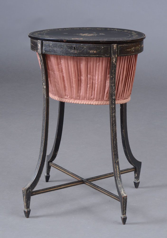 Appraisal: George III Black-Painted Sewing Table The oval hinged top opening