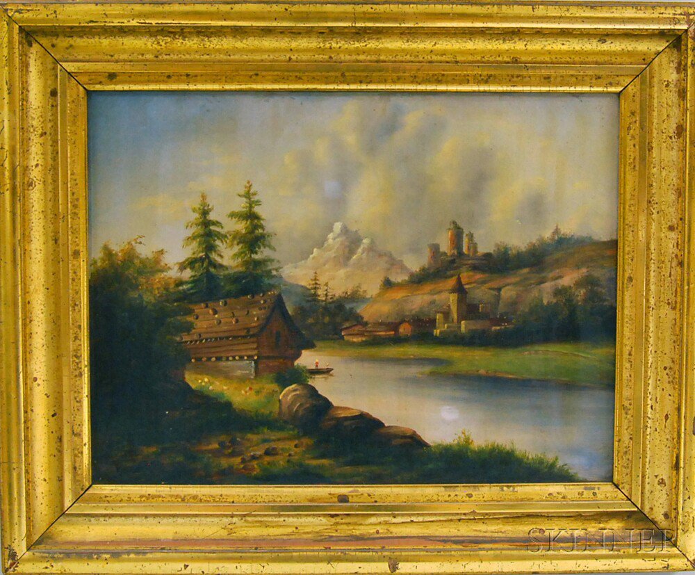 Appraisal: American School th Century Village by the Mountainside Unsigned Oil