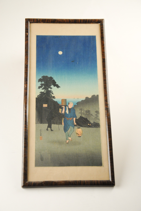 Appraisal: Japanese Woodcut depicting a man with lantern in landscape H