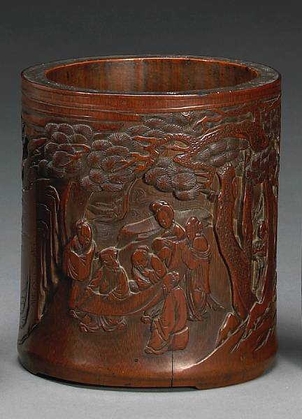 Appraisal: A carved bamboo brush pot th th Century Of ovoid