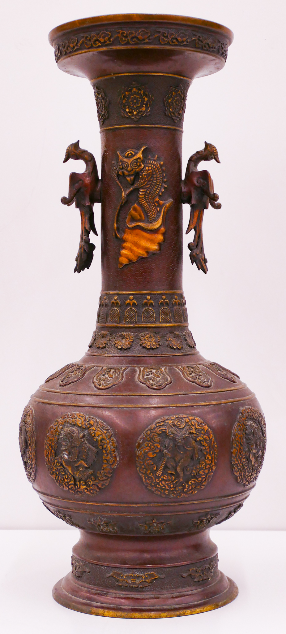 Appraisal: Ornate Meiji Japanese Phoenix Handled Bronze Vase ''