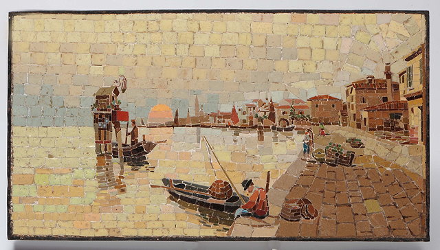 Appraisal: AN ITALIAN MOSAIC TILE PANEL depicting fishermen in a harbour