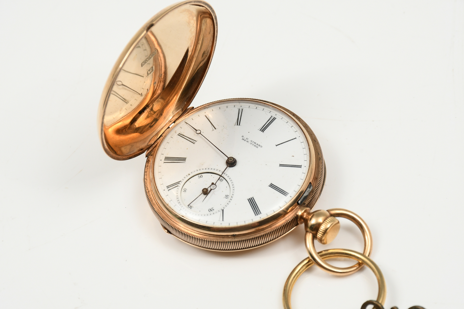 Appraisal: G E GIRARD GOLD HUNT CASE POCKET WATCH Case is