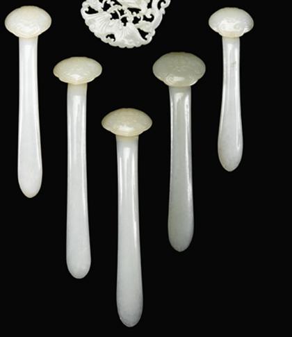 Appraisal: Six Chinese white and celadon jade 'lingzhi' hair pins mid-late