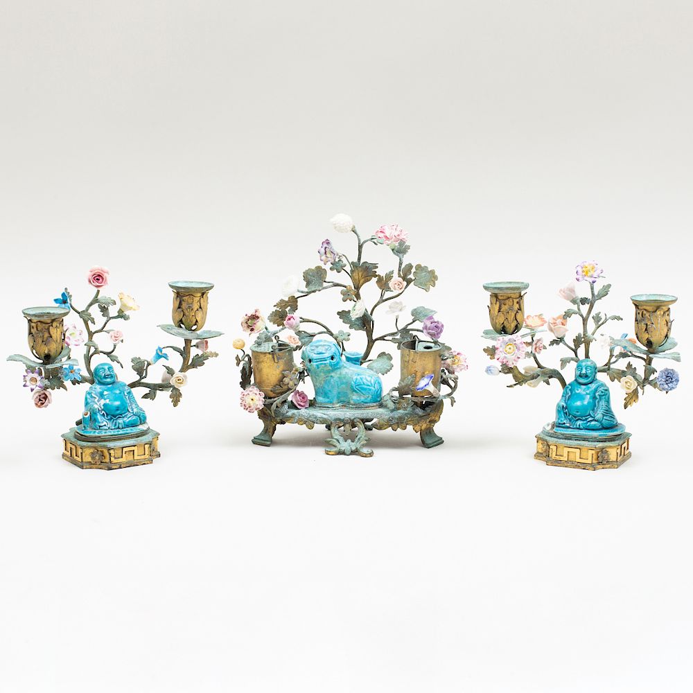 Appraisal: Gilt-Metal-Mounted Chinese and European Porcelain Encrire and a Pair of