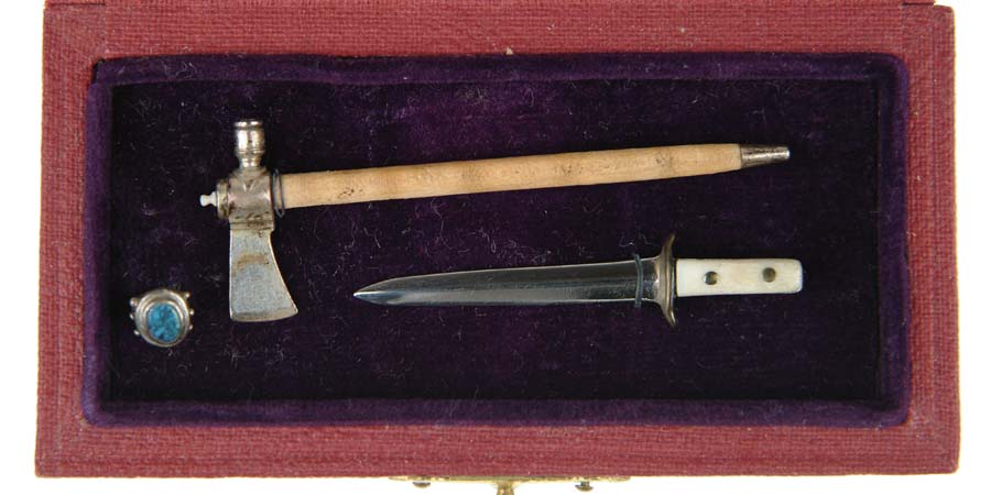 Appraisal: VERY FINE AND UNIQUE MINIATURE TOMAHAWK KNIFE AND RING Very