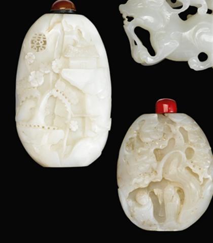 Appraisal: Two Chinese white jade snuff bottles th century The largest