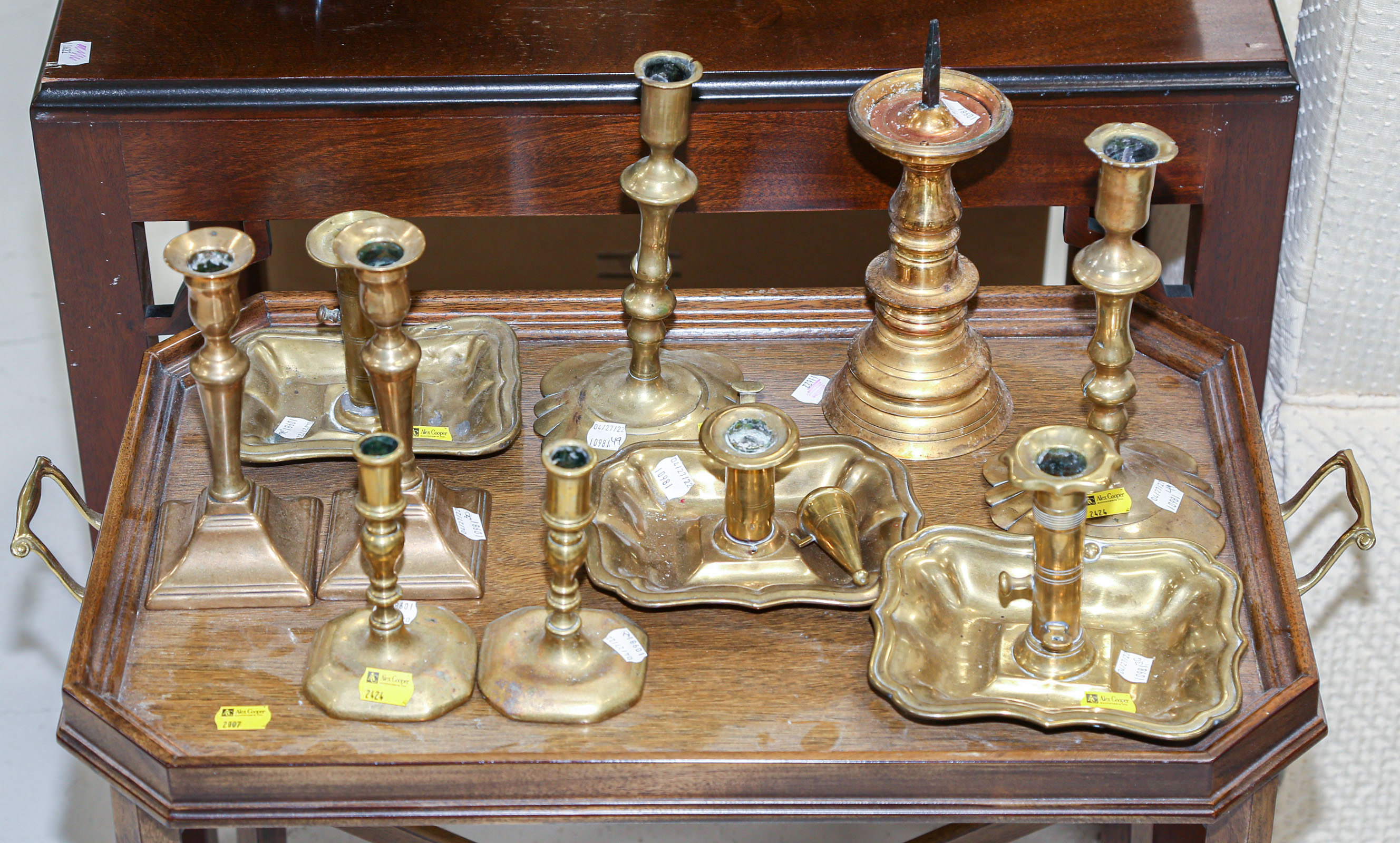 Appraisal: ASSORTED BRASS CANDLESTICKS Comprising three pairs th century and earlier