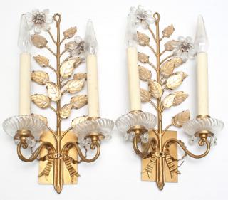 Appraisal: Pair of Gilt Metal Crystal Floriform Sconces Glass flowers and