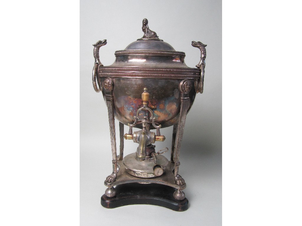 Appraisal: A Regency elctroplated tea urn with domed cover with sphinx