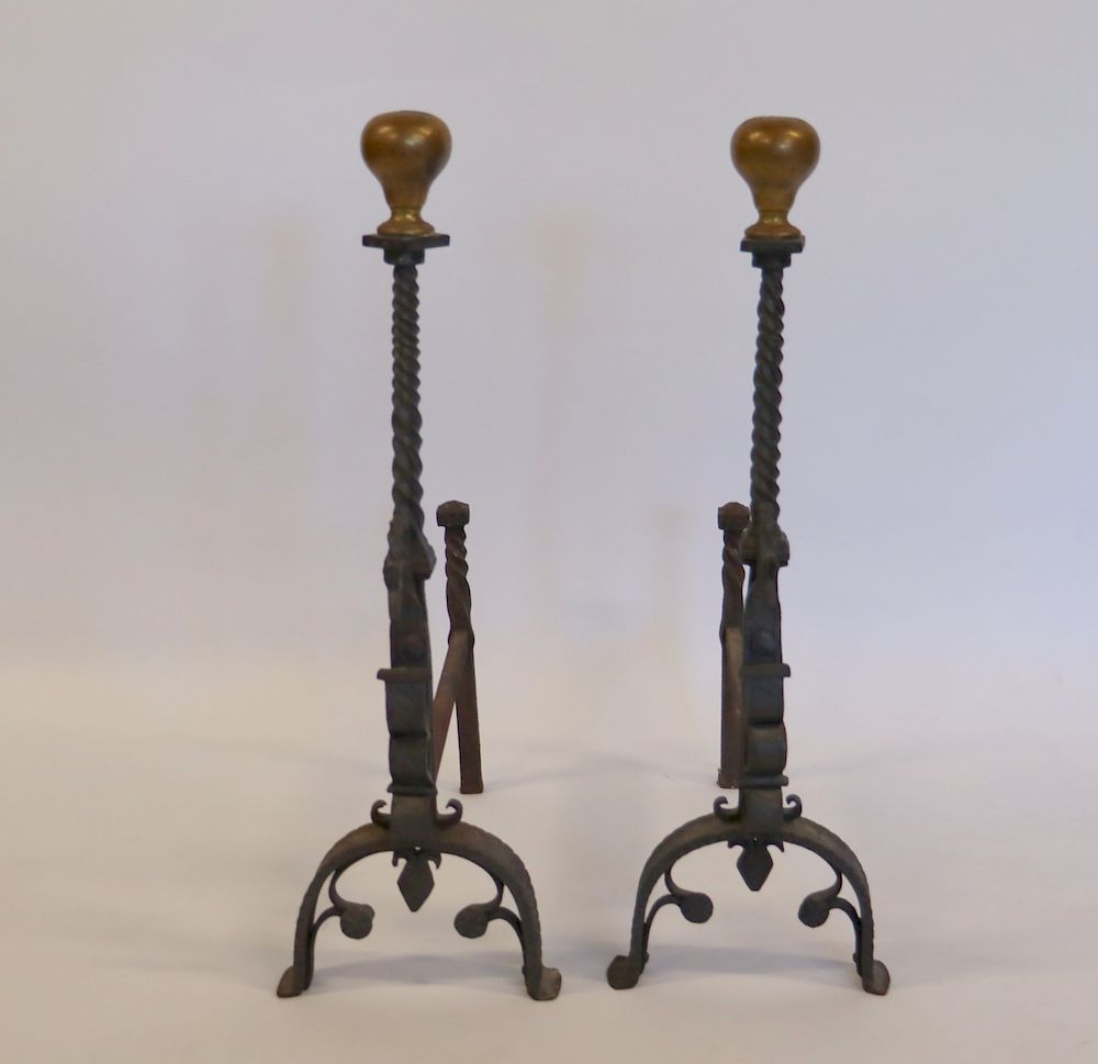 Appraisal: Pair Of Wrought Iron Andirons Attributed To Samuel Yellin From