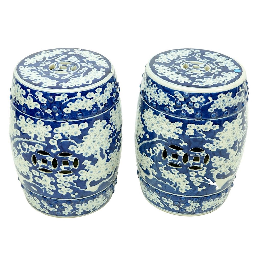 Appraisal: Pair Chinese Garden Seats Pair Modern Chinese Blue White Porcelain