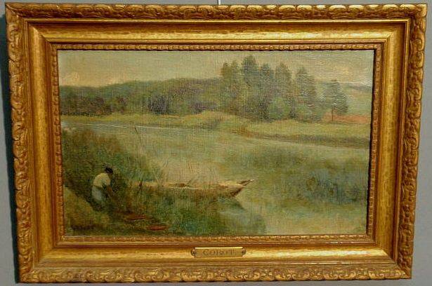 Appraisal: Oil on canvas painting of a boat and figure by