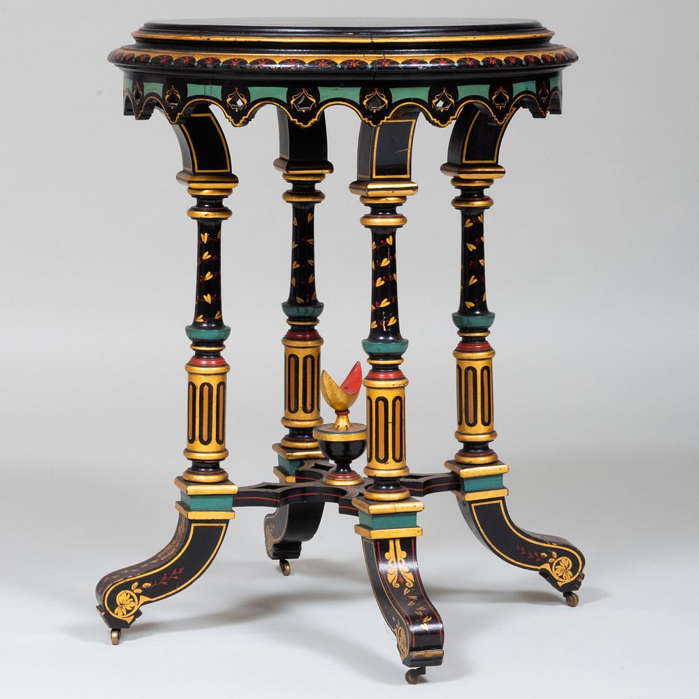 Appraisal: Victorian Gilt and Polychrome Painted Circular Table x in diam