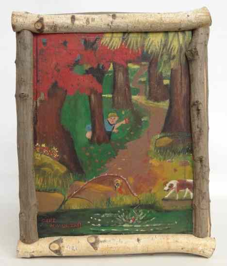 Appraisal: Primitive painting oil on canvas boy and dog signed ''Capt