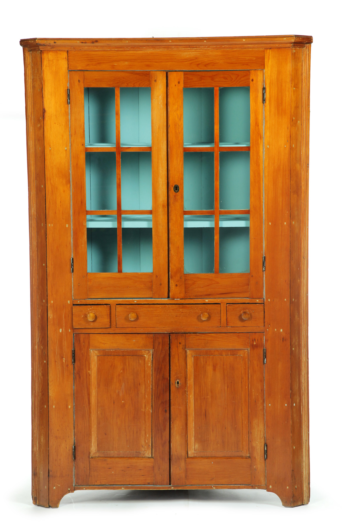 Appraisal: ONE-PIECE CORNER CUPBOARD American mid th century pine Molded cornice