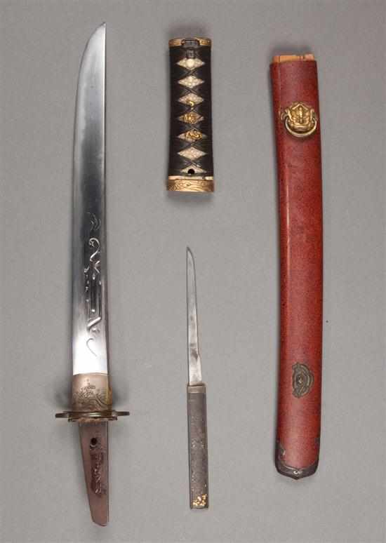 Appraisal: Japanese tanto dagger with incised blade gilt metal mounted lacquer