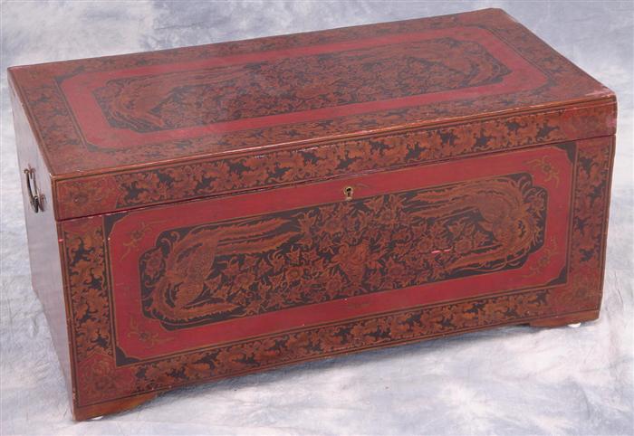 Appraisal: Small Chinese chest red black lacquer floral decoration decorated inside