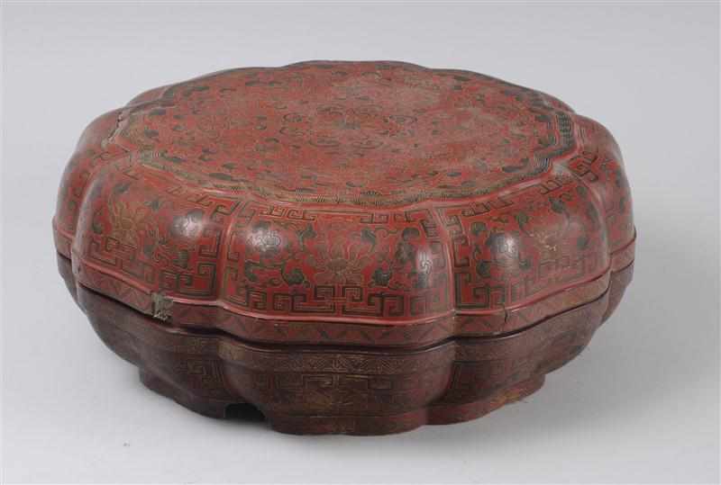 Appraisal: CHINESE CINNABAR LACQUER BOX AND COVER Of octagonal serpentine outline