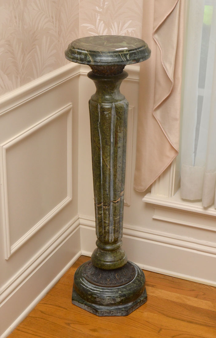 Appraisal: GREEN MARBLE PEDESTAL Stepped round top fluted column shaft floral