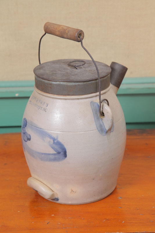 Appraisal: STONEWARE BATTER JUG With tin lids and wire handle Impressed