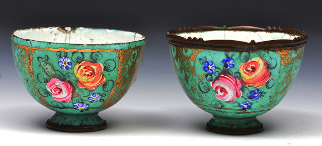 Appraisal: A PAIR OF ENAMEL ON BRASS CUPS with foliate and