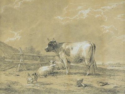 Appraisal: Eug ne Verboeckhoven - Cattle sheep and chickens in a