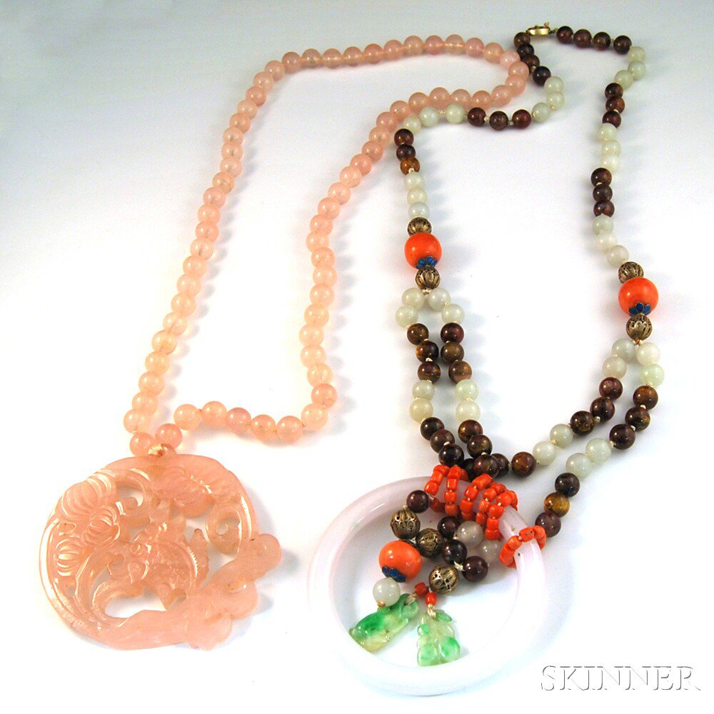 Appraisal: Two Oversized Chinese Hardstone Necklaces a rose quartz beaded necklace