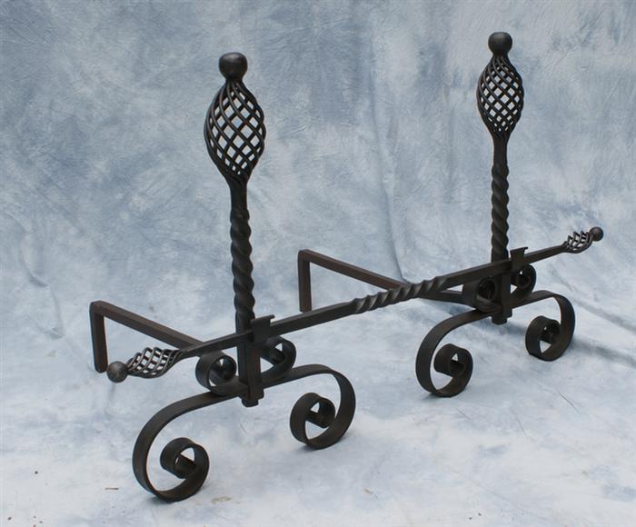 Appraisal: Pr of wrought iron andirons with twisted open work with